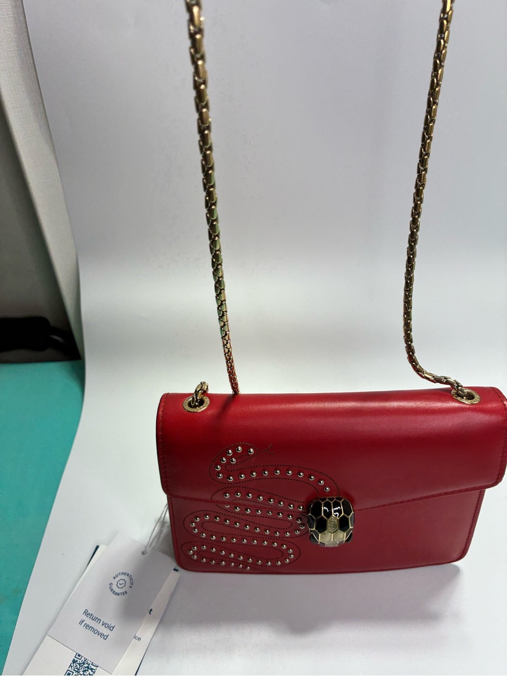 Bulgari Red Leather Stud-Embellished Serpenti Crossbody with Gold Chain Strap